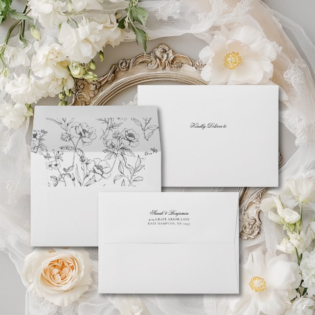 Simple Elegant Script Wedding Invitation Envelope (This elegant 5x7 inch envelope features a liner with line drawings of delicate flowers.)