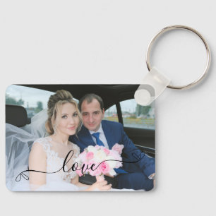 Simple Elegant Script Wedding Photo Key Ring