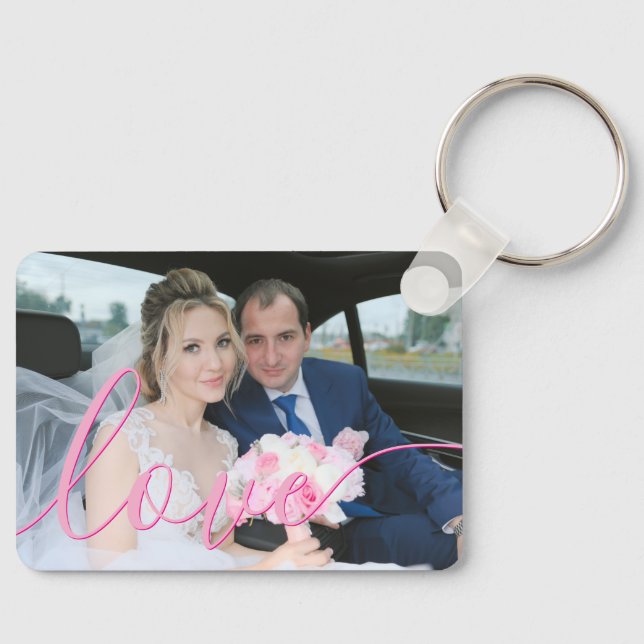 Simple Elegant Script Wedding Photo Pink Love Key Ring (Front)