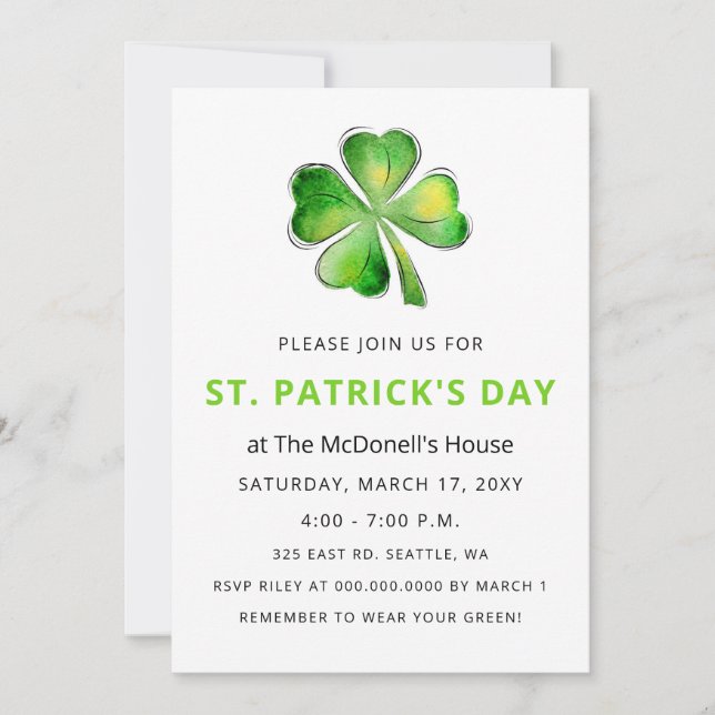 Simple Elegant Shamrock St Patricks Day  Invitation (Front)