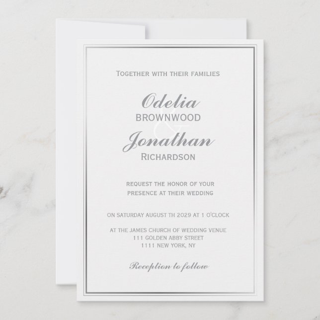 Simple Elegant Silver Frame & Grey Wedding Invitation (Front)