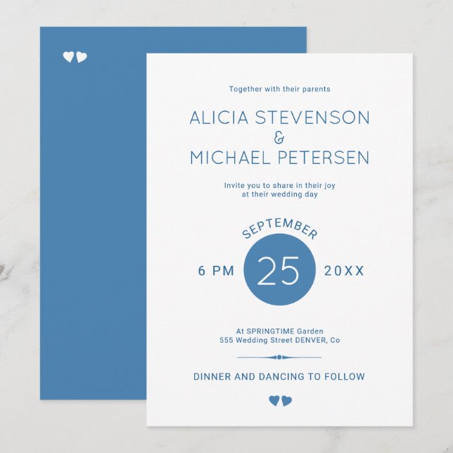 Simple elegant slate blue and white wedding invitation (Front/Back)