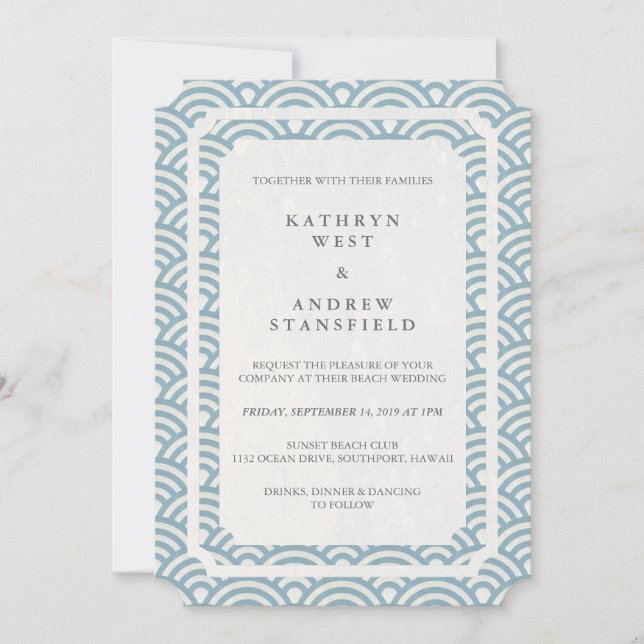 Simple Elegant Soft Blue + White Beach Wedding Invitation (Front)
