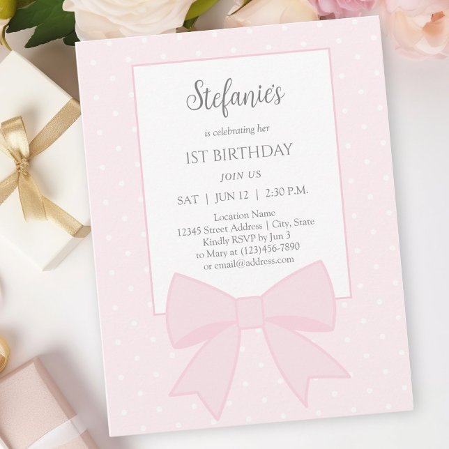 Simple Elegant Soft Pastel Pink Bow 1st Birthday Invitation (Creator Uploaded)