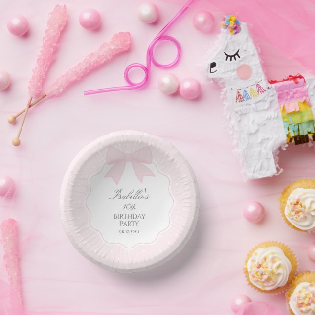Simple Elegant Soft Pastel Pink Bow Girl Birthday Paper Plate (Party)