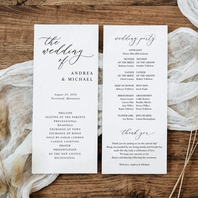 Simple Elegant Sophisticated Wedding Programme (Elegant vintage script wedding programs with wedding party and thank you on back.)