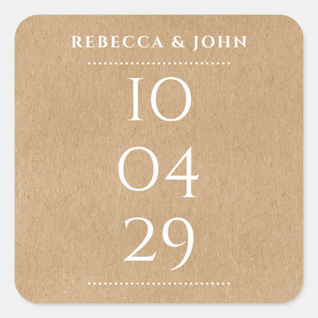 Simple Elegant Special Date Wedding | Rustic Kraft Square Sticker (Front)