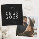 Simple Elegant Square Save the Date with Photo<br><div class="desc">A simple, elegant and tasteful wedding save the date card in black with white text and features a photo of the happy couple on the back side of the card. The text template in white is easy to fill in with your info and the date is shown in large bold...</div>