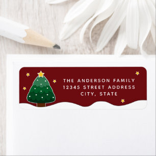 Simple Elegant Starry Snowy Christmas Tree on Red