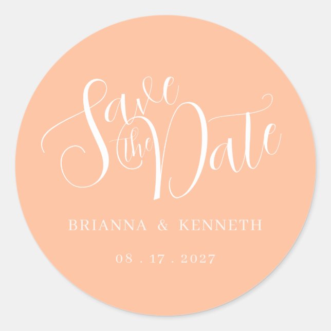 Simple Elegant Stylish Peach Wedding Save the Date Classic Round Sticker (Front)