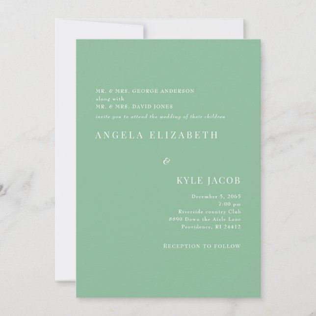Simple & Elegant Summer Green White Text Wedding  Invitation (Front)