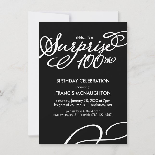 Simple, Elegant Surprise 100th Birthday Invitation (Front)