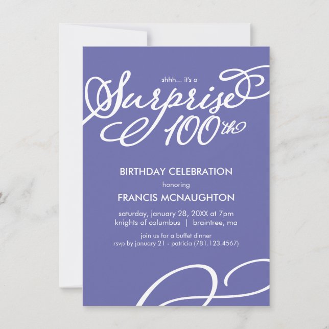 Simple, Elegant Surprise 100th Birthday Invitation (Front)