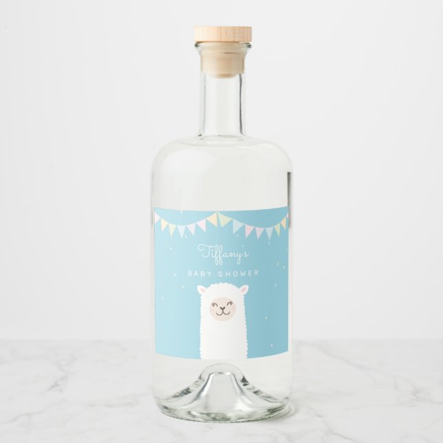 Simple Elegant Sweet Alpaca Llama Boy Baby Shower Liquor Bottle Label (Front)