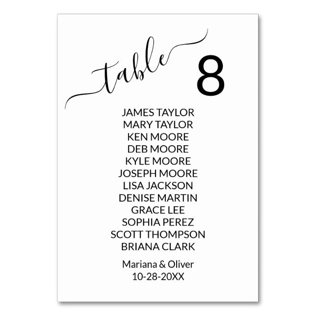 Simple Elegant Table Number Card with Names (Front)
