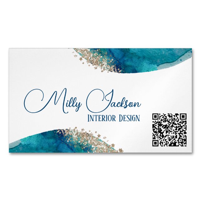 Simple Elegant Teal Gold Watercolour Custom  Magnetic Business Card (Front)