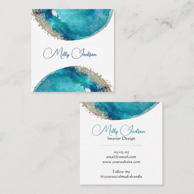 Simple Elegant Teal Gold Watercolour Custom Square Business Card (Front/Back)