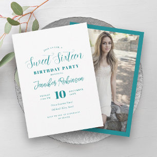 Simple Elegant Teal Photo Sweet 16 Sixteen Invitation