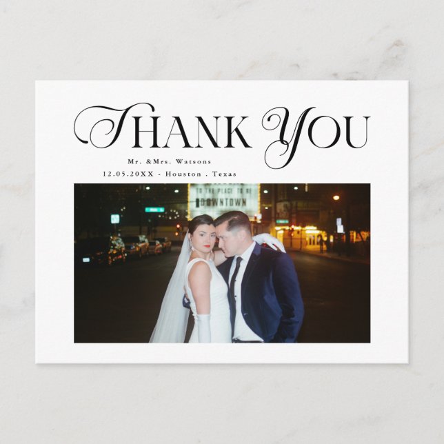 Simple Elegant Text and Photo Wedding Thank You Postcard (Front)