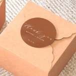 Simple Elegant Thank You Wedding Terracotta Classic Round Sticker<br><div class="desc">Introducing the Simple, Elegant Thank You Wedding Classic Round Sticker! This sticker is not just a product, it's a timeless expression of gratitude. The exquisite blend of understated chic and classic elements not only elevates the visual appeal but also imparts a personal touch to your wedding favours. So, seal your...</div>
