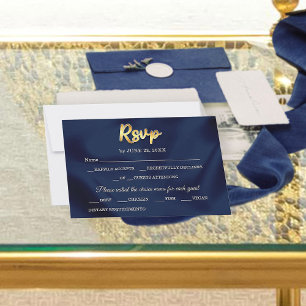 Simple Elegant Trendy Navy Blue & Gold Wedding RSVP Card