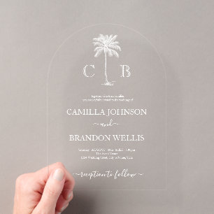 Simple Elegant Tropical Palm Monograms Wedding Acrylic Invitations