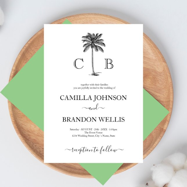 Simple Elegant Tropical Palm Monograms Wedding Invitation (Simple Elegant Palm Tree Tropical Monograms Wedding Invitati Invitation)