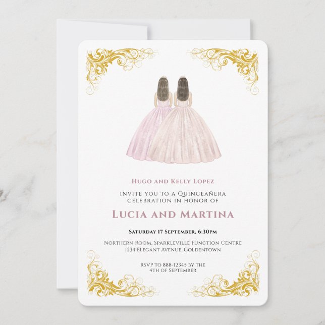 Simple elegant twins Quinceanera invitation (Front)