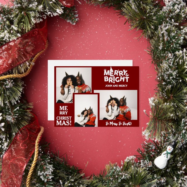 Simple Elegant Typography Christmas Couple 3 Photo Foil Holiday Card (Insitu)