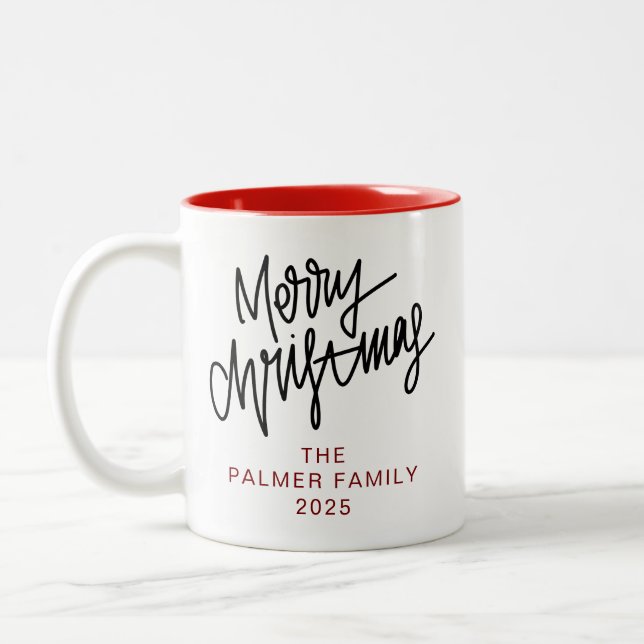 Simple Elegant Typography Christmas Family Name Two-Tone Coffee Mug (Left)