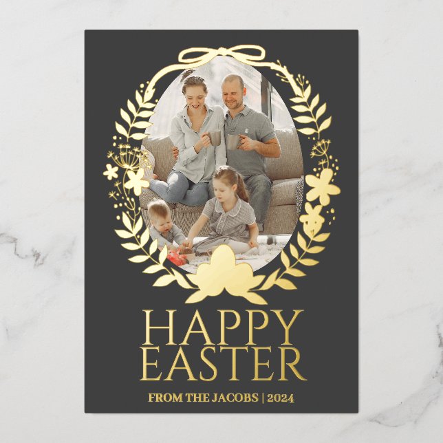 Simple Elegant Typography Easter Family One Photo Foil Holiday Card (Front)