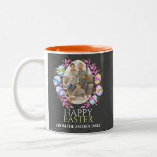 Simple Elegant Typography Easter Family One Photo Two-Tone Coffee Mug