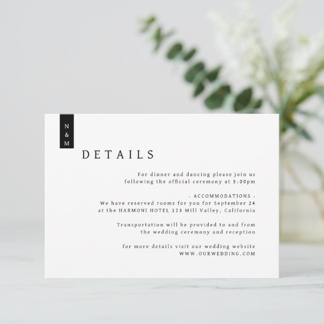 Simple Elegant Typography Monogram Wedding Details Enclosure Card (Standing Front)