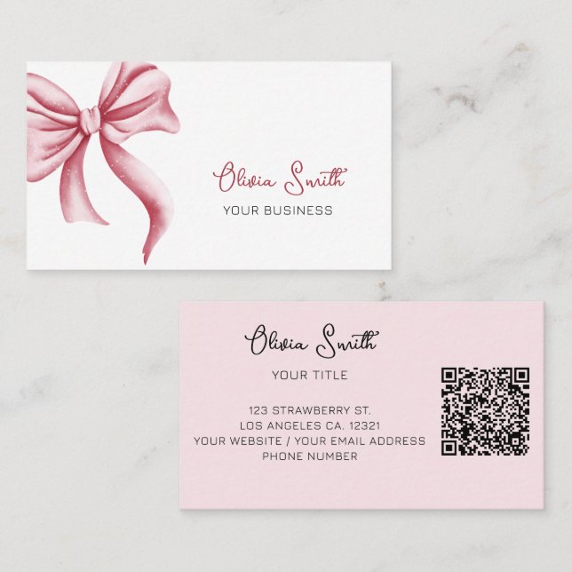 Simple Elegant Typography Pink Bow QR Code Business Card (Front/Back)