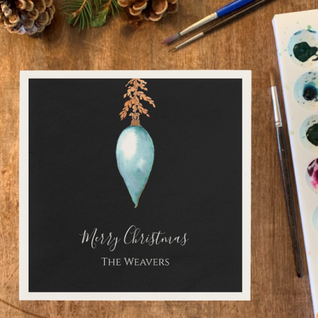 Simple Elegant Watercolor Botanical Blue Holiday Napkin (Custom blue and golden botanical elegant napkins hand painted watercolor Christmas holiday vintage)