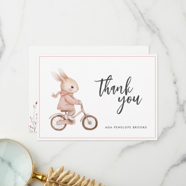 Simple Elegant Watercolor Bunny Baby Girl Thank You Card (Front/Back In Situ)