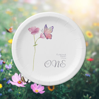Simple Elegant Watercolor Butterfly 1st Birthday Paper Plate