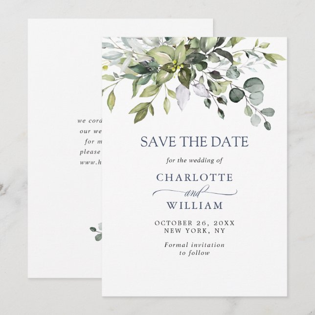 Simple Elegant Watercolor Eucalyptus Wedding Save The Date (Front/Back)