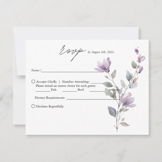 Simple Elegant watercolor floral script wedding RSVP Card (Front)