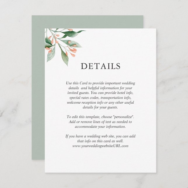 Simple Elegant Watercolor Floral Wedding Details Invitation (Front/Back)