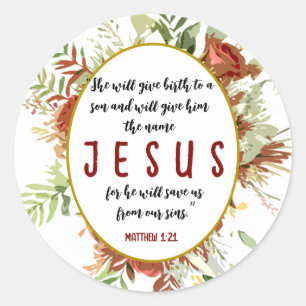 Simple Elegant Watercolor Flowers and Bible Verse Classic Round Sticker