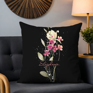 Simple Elegant Watercolor Flowers Black Cushion