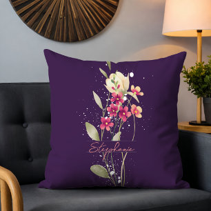 Simple Elegant Watercolor Flowers Plum Purple Cushion