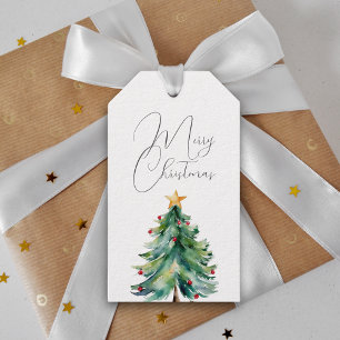 Simple Elegant Watercolor Merry Christmas Tree Gift Tags