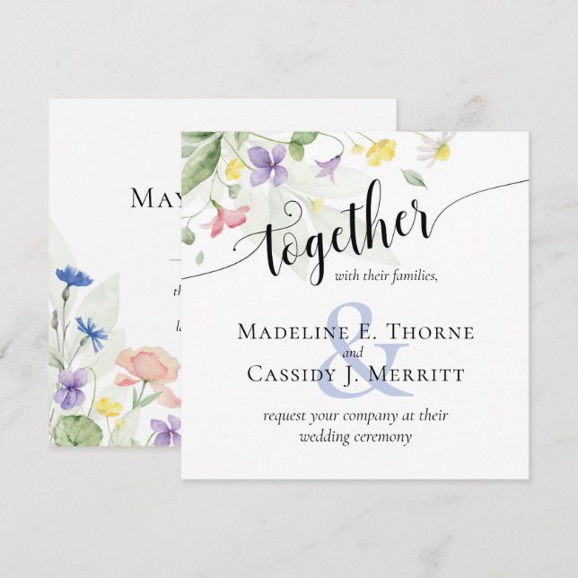 Simple Elegant Watercolor Wildflowers Boho Wedding Invitation (Front/Back)