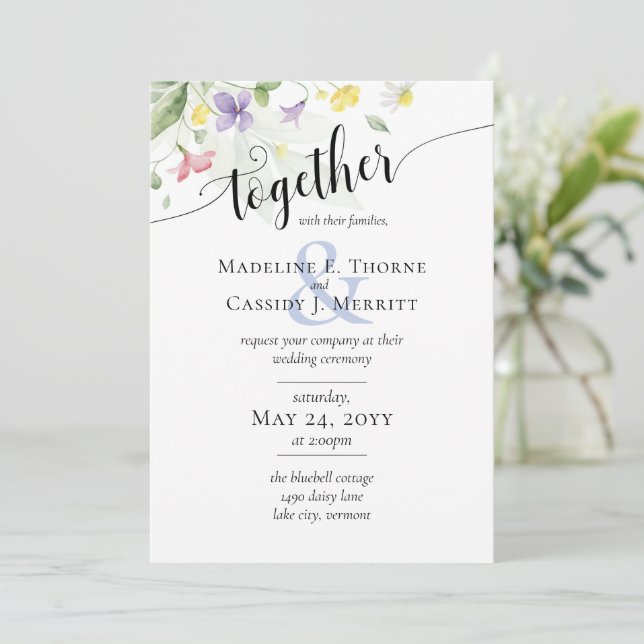 Simple Elegant Watercolor Wildflowers Boho Wedding Invitation (Standing Front)