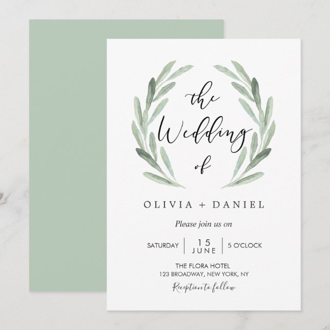 Simple Elegant Watercolor Wreath Greenery Wedding Invitation (Front/Back)