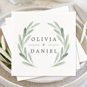 Simple Elegant Watercolor Wreath Greenery Wedding Napkin