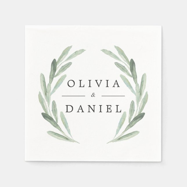 Simple Elegant Watercolor Wreath Greenery Wedding Napkin (Front)