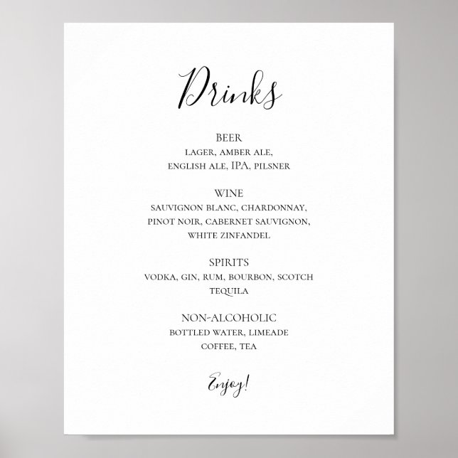 Simple Elegant Wedding Drinks Menu Sign (Front)